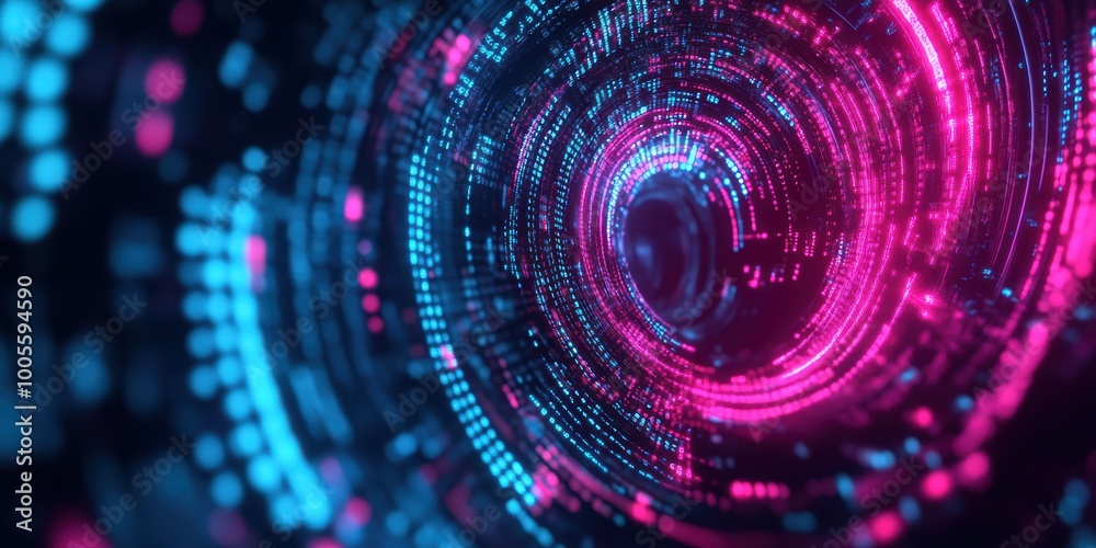 Poster modern digital abstract 3d background with neon lights and swirling code visualizing cybersecurity a