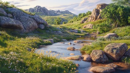 Realistic Landscape of Minas Gerais: A Spring Morning Scene Featuring a Gentle Stream Flowing Through a Gorge, Flanked by Larger Rocks. Wildflowers Blossom Along the Banks, 