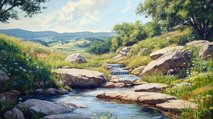 Realistic Landscape of Minas Gerais: A Spring Morning Scene Featuring a Gentle Stream Flowing Through a Gorge, Flanked by Larger Rocks. Wildflowers Blossom Along the Banks, 