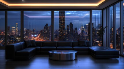 Obraz premium Modern living room with a minimalist black leather sofa, a sleek silver coffee table, and large windows that frame a bustling city skyline at night