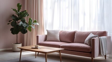 Cozy pastel living room interior with plush velvet sofa fiddle leaf fig plant minimalist wooden coffee table and natural light filtering through sheer curtains