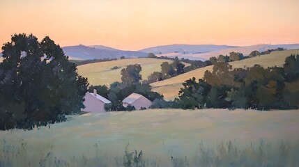 Serene countryside landscape with soft pastel hues muted color palette and minimalist architectural silhouettes set against a warm
