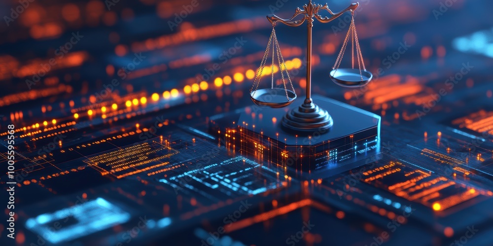 Poster modern digital abstract 3d background with virtual courtrooms and binary justice symbols visualizing