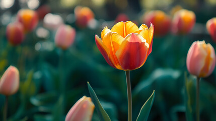 Colorful tulips flower in the garden. .