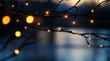 Silhouette of Christmas lights wrapped around a tree branch in the evening.