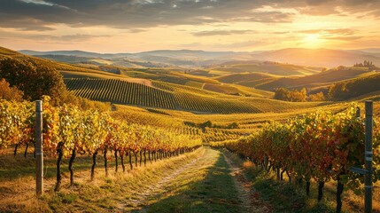 Fototapeta premium Serene vineyard landscape at sunset, showcasing rows of grapevines under a golden sky with rolling hills in the background.