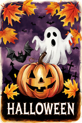 A poster with text halloween, halloween background with pumpkins and haunted house, happy halloween banner