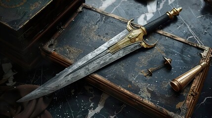 Naklejka premium Ornate Dagger with Gold Accents: A Close-Up View