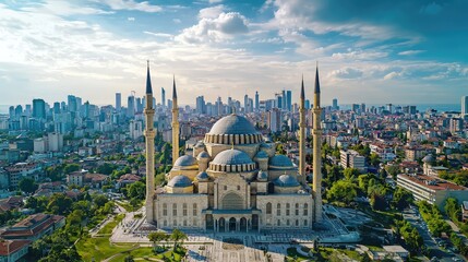 Obraz premium Stunning aerial view of a magnificent mosque surrounded by a vibrant city skyline under a picturesque sky.