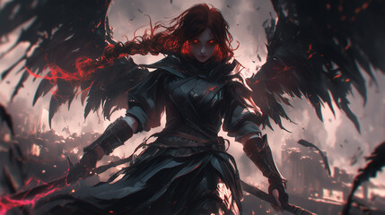 female fallen angel with fiery aura wields a sword amidst chaos