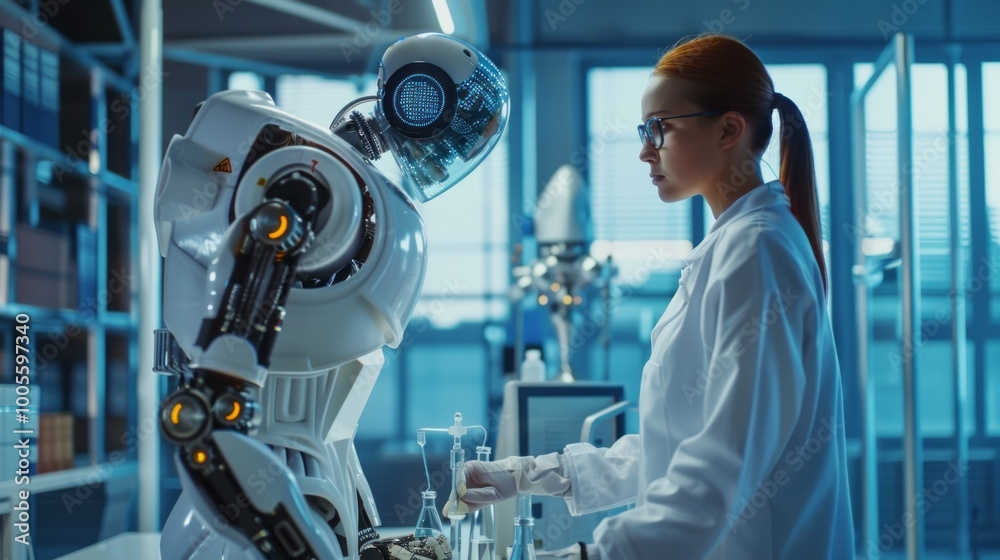 Poster a woman in a lab coat is working with a robot
