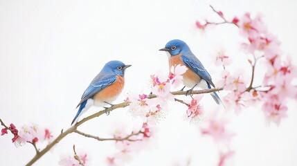 Charming Bluebirds on a Flowering Branch: This Image Captures a Pair of Vibrant Bluebirds Perched Gracefully on a Delicate Branch Adorned with Small Pink and White Blossoms. The Clean White Background