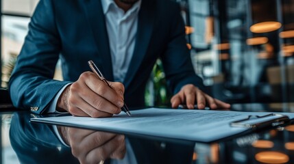 A diligent signer meticulously handling legal documents in a sleek office environment, exemplifying professionalism and precision.