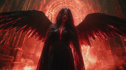 female fallen angel reigns in a fiery cathedral with immense wings