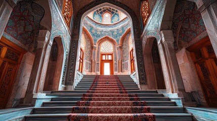 Obraz premium Stunning interior of a grand staircase, adorned with intricate patterns and vibrant colors, leading to a bright illuminated entrance.