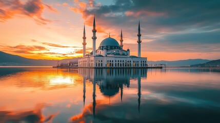 Stunning mosque at sunset, reflecting in calm waters, showcasing architectural beauty and serene nature.