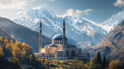 Fototapeta premium Stunning mountain landscape featuring a majestic mosque surrounded by nature, showcasing serene beauty and architectural elegance.