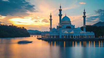 Fototapeta premium Stunning sunset view of a majestic mosque reflecting in serene water, surrounded by picturesque landscapes.