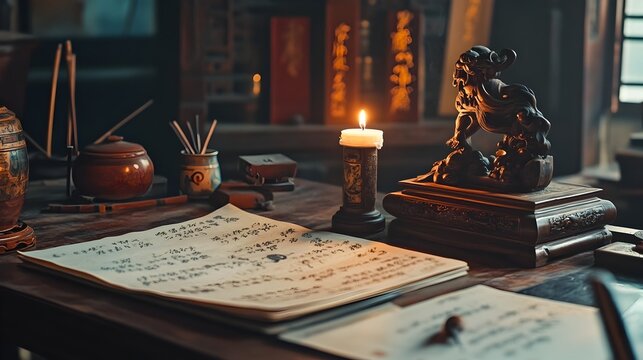 A traditional hand carved wooden Pixiu figurine surrounded by ancient scrolls and calligraphy tools on a scholar s desk illuminated by a single flickering candle