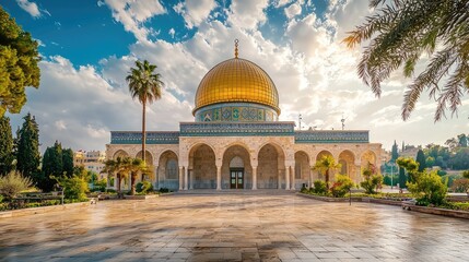 Obraz premium Stunning view of a historic religious site with a golden dome and beautiful architecture set against a vibrant sky.