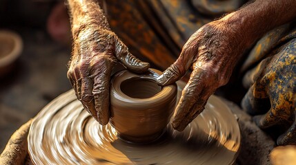 Experienced hands deftly mold clay on a wheel, highlighting the beauty of artisanal skill and heritage.