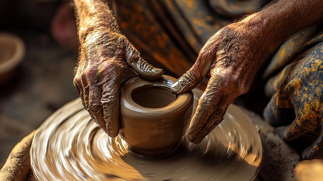 Experienced hands deftly mold clay on a wheel, highlighting the beauty of artisanal skill and heritage.