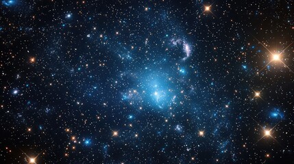 Stunning view of a vibrant star field with a cluster of bright stars and deep blue cosmic elements in the vast universe.