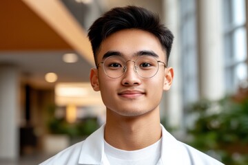 Obraz premium A young, bespectacled professional in a white shirt standing in a modern office environment.