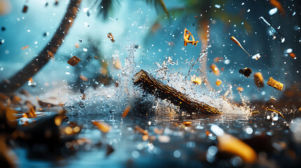 powerful torrent of water splashes dramatically, sending debris flying through air in vibrant forest setting. scene captures raw energy of nature