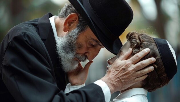  Orthodox religious Jewish father, dressed in a black suit and hat, greets his son. Family religious tradition