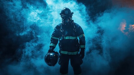 Fototapeta premium A firefighter in gear stands amidst smoke, ready for action.