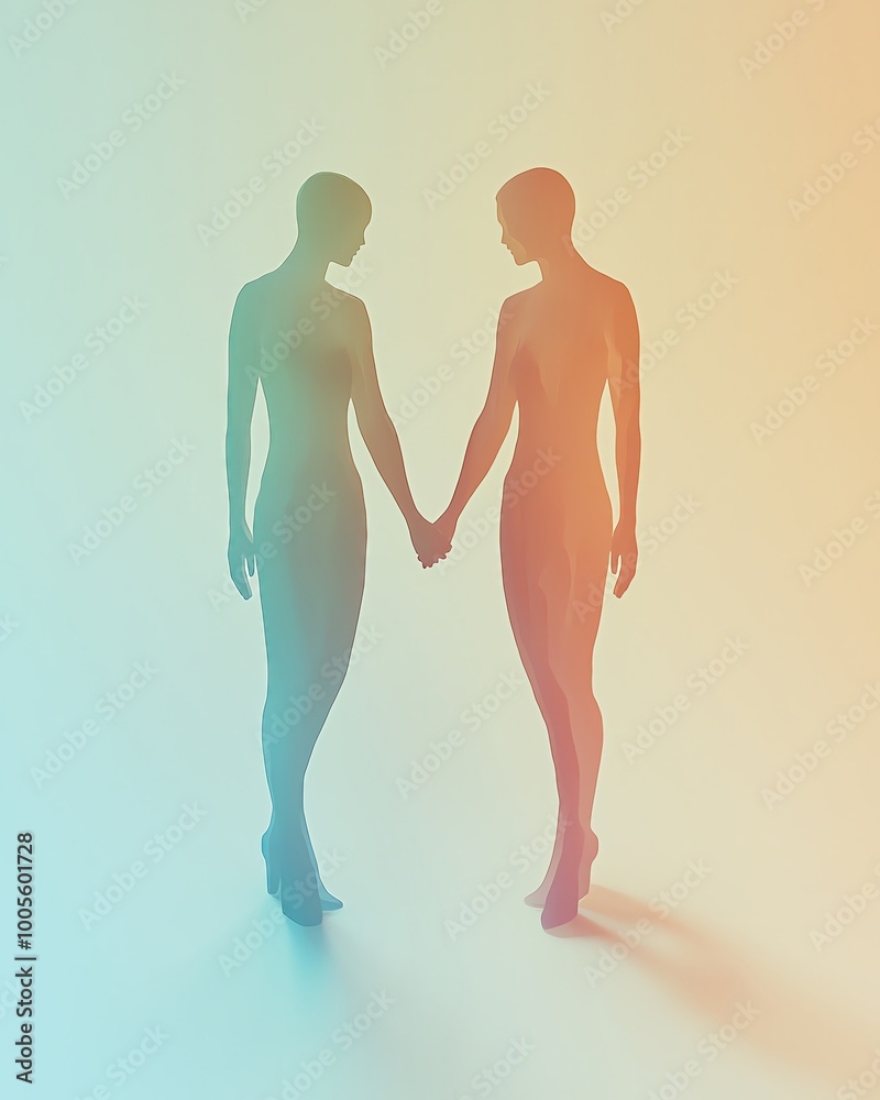 Wall mural 3D silhouette people connection unity concept Silhouettes of two figures holding hands