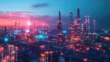 Fototapeta premium Vibrant industrial landscape at dusk showcasing illuminated towers and a dynamic skyline filled with energy and technology.