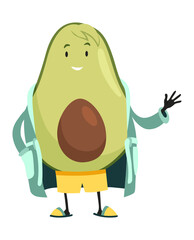 Avocado character with happy emotions. Cheerful vegetable person. Avocado super hero funny cartoon character. Vector flat illustration