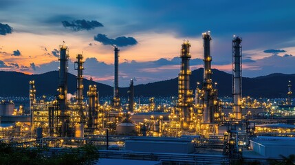 Vibrant industrial skyline at dusk with illuminated refinery towers against a colorful sunset sky.