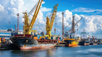 Obraz premium Vibrant harbor scene featuring large vessels, towering cranes, and a clear blue sky with fluffy clouds.