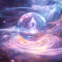 Ethereal Holographic Crystal Sphere Surrounded by Shimmering Pastel Energy Fields in Romantic Surreal Digital Art  A dreamy luminescent
