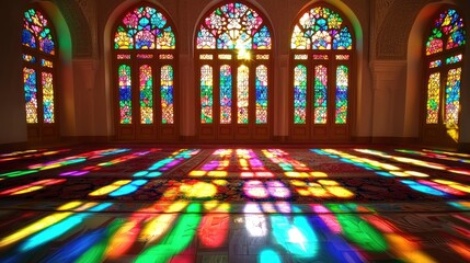 Vibrant stained glass windows cast colorful reflections on the floor, creating a mesmerizing display of light and patterns.