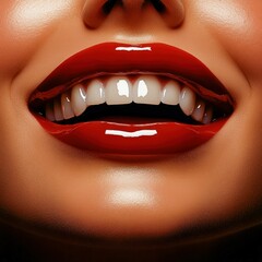 Obraz premium Glossy Red Lips with a Bright Smile Close-up. Generative ai