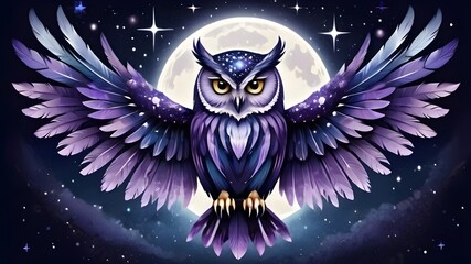 Naklejka premium an owl with feathers that resemble a starry night sky, using dark blues, purples, and silver sparkles