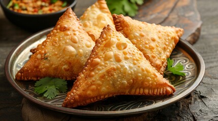 Crispy deep-fried pastries filled with spiced potatoes and minced meat, served on a metal tin plate.