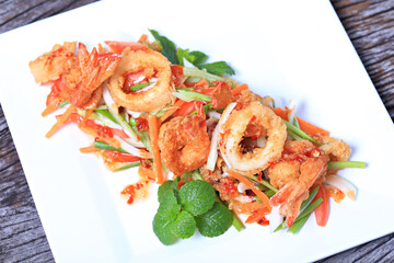 Crispy Seafood Salad, Fusion Food Spicy Thai mixed seafood salad 