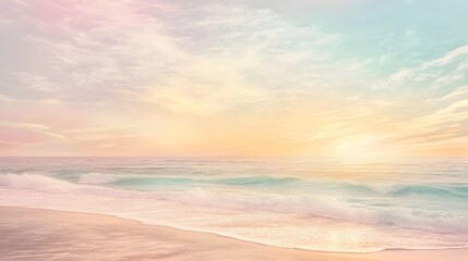 Serene coastal landscape with a soft pastel gradient backdrop and dreamy watercolor effects featuring sun dappled shores rolling waves wispy cirrus clouds