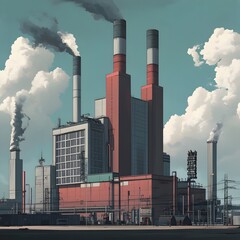 Streamlined Architectural Power Station in Bold Primary Color Palette with Simplified Angular Forms and Symmetrical Composition