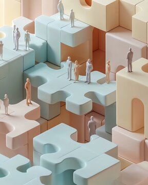 3D silhouette people connection unity concept People figure puzzle, abstract concept of teamwork