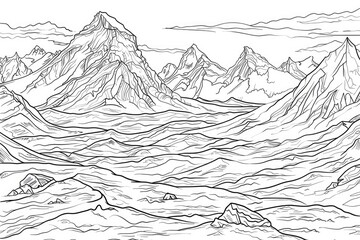 Coloring book illustration of a majestic mountain landscape blanketed with fresh snow The concept of strong powerful nature is expressed with a sense of freedom and tranquility