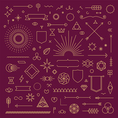 Set of linear thin line art deco boho retro vintage design elements. Geometric shapes, Outline symbols