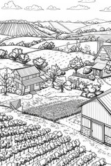 Fototapeta premium Coloring book illustration of Aerial View of Farmland