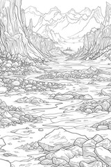 Naklejka premium Coloring book illustration of a majestic landscape featuring a breathtaking harmony of untouched nature The scene includes a desert of white snow and ice icebergs and towering mountains