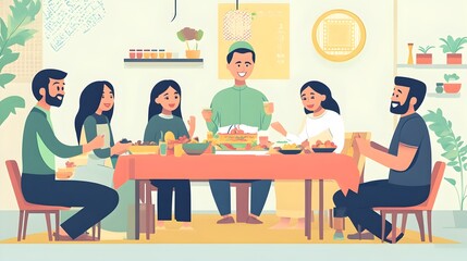 Vibrant Flat Design of a Cheerful Eid al Fitr Family Gathering Sharing a Festive Meal Together in a Cozy Homelike Setting